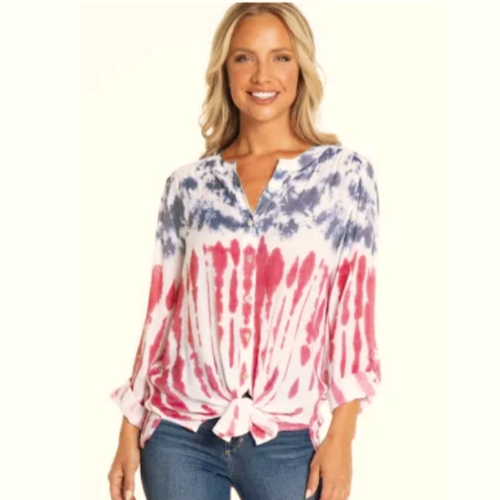 Multiples Long Sleeve Button Front Tie Dye Red White & Blue Blouse NWT